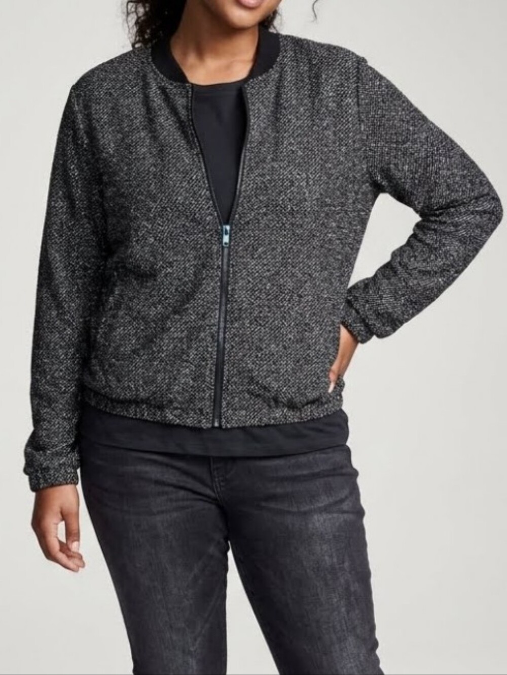 H&M Metallic Black and Silver Zip-Front Bomber